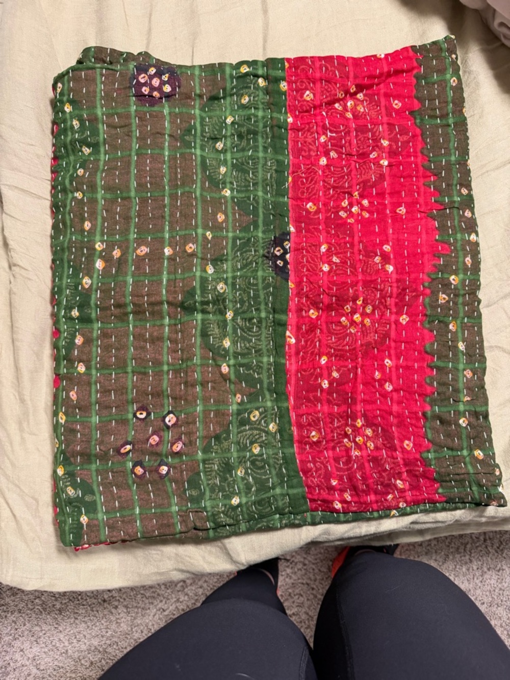 Green and Red Quilted Bed Throw - Handmade Boho Accent